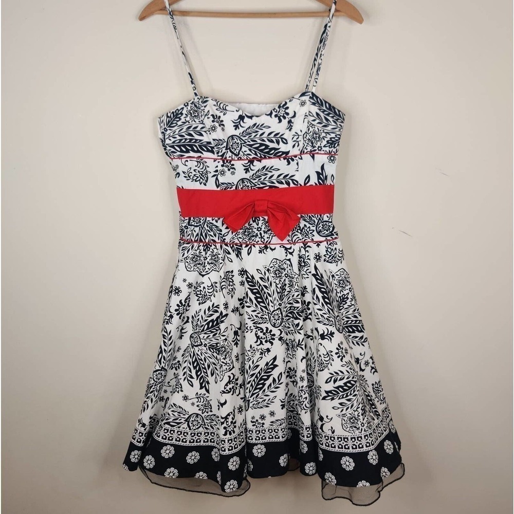 City Triangles Fit Flare Floral Dress Red Bow Tulle Bottom Y2K